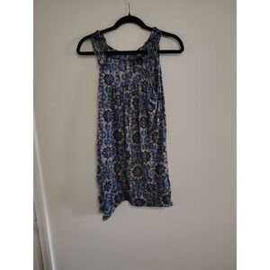 New Directions Womens Blue Medallion Print Sleeveless Handkerchief Hem Top L